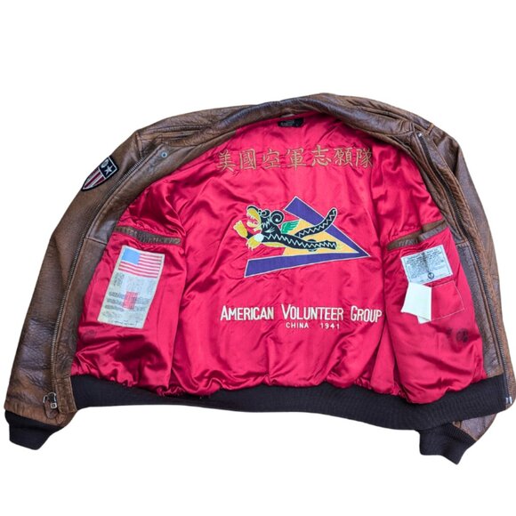Vintage 1987 Avirex Flying Tiger Brown Leather Bomber Jacket Mens L - Picture 9 of 14
